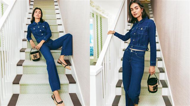 Model in denim jacket and jeans